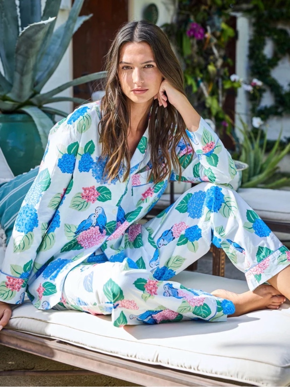 Printfresh Long Sleeved Button Up Pajama Shirt in Hydrangea Honeymoon— Size XL